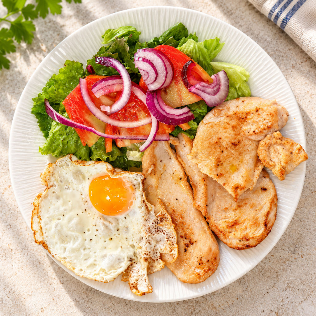 Pollo a la plancha con huevos Plato combinado pollo huevos Pizzeria La Nonna